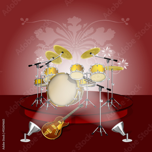 Musical background drum set on a pedestal with a guitar and a microphone, lights bright lights.It can be used as poster advertising with any text or separately.