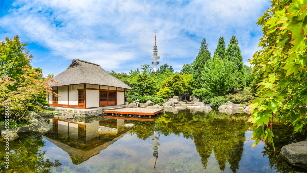 Japanese Garden with Heinrich-Hertz tower in Hamburg, Germany