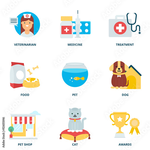 Veterinary medicine and pets vector icons set, flat style