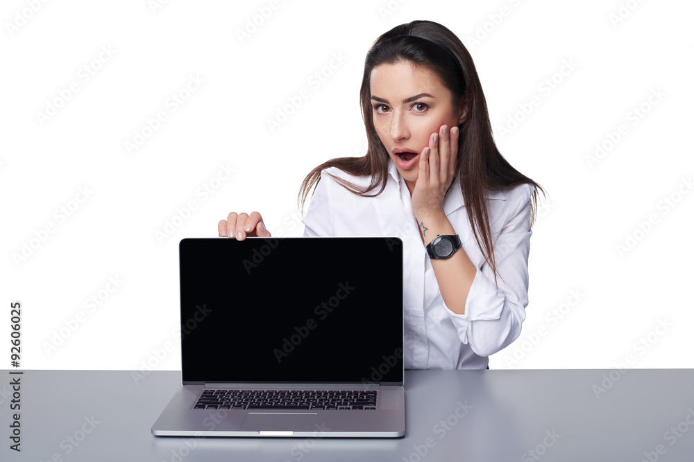 Business woman showing black laptop screen Business woman showing black laptop screen