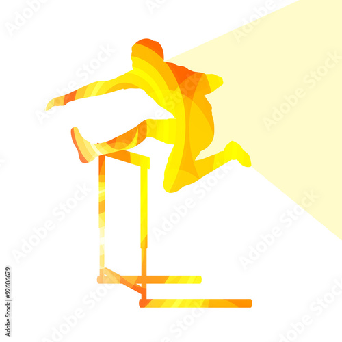Athlete jumping hurdle, man silhouette, illustration, vector bac