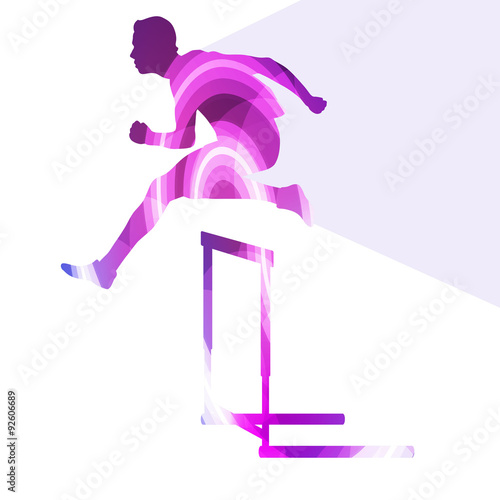 Athlete jumping hurdle, man silhouette, illustration, vector bac