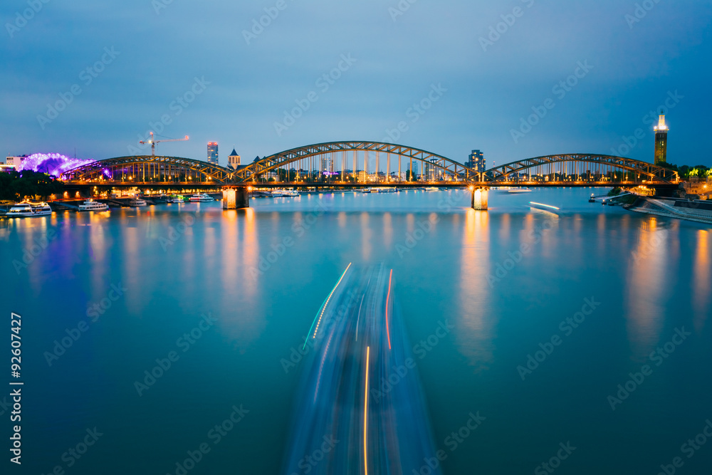 Night View Of Hohenzollern Arch Bridge Over River Rhine, Germany