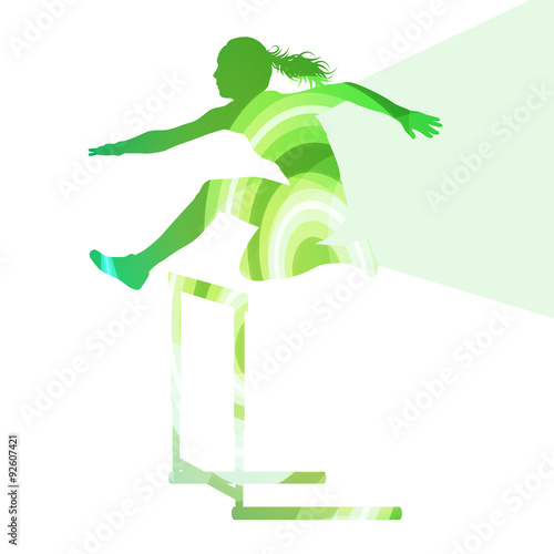 Female athlete clearing hurdle, race silhouette illustration, ve