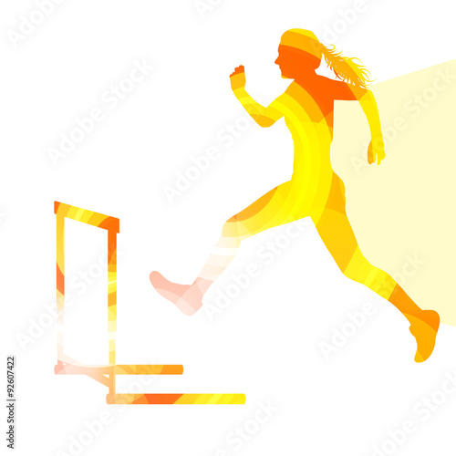 Female athlete clearing hurdle, race silhouette illustration, ve