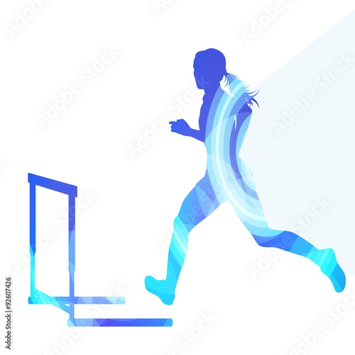 Female athlete clearing hurdle, race silhouette illustration, ve