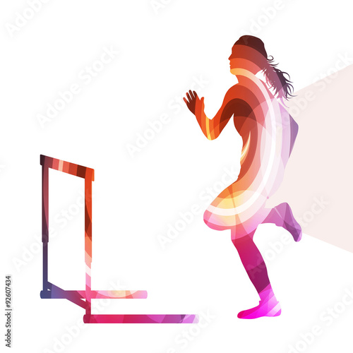 Female athlete clearing hurdle, race silhouette illustration, ve