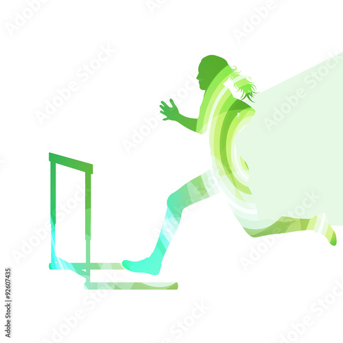 Female athlete clearing hurdle, race silhouette illustration, ve