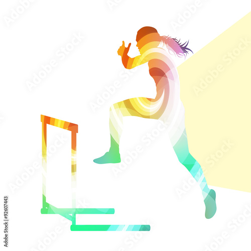 Female athlete clearing hurdle, race silhouette illustration, ve