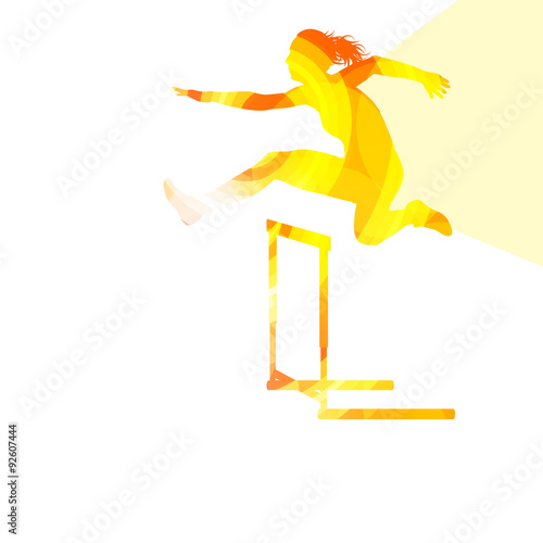 Female athlete clearing hurdle, race silhouette illustration, ve