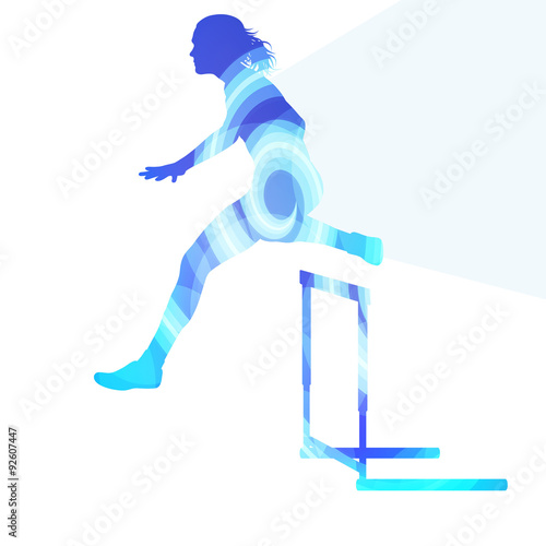 Female athlete clearing hurdle, race silhouette illustration, ve