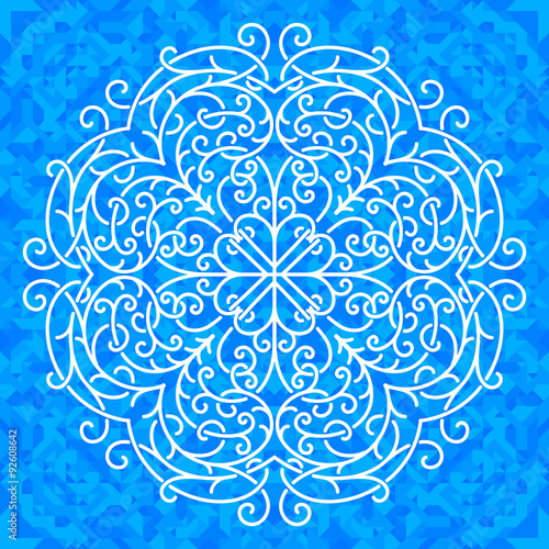 Vector ornate snowflake on the symmetrical polygonal background.