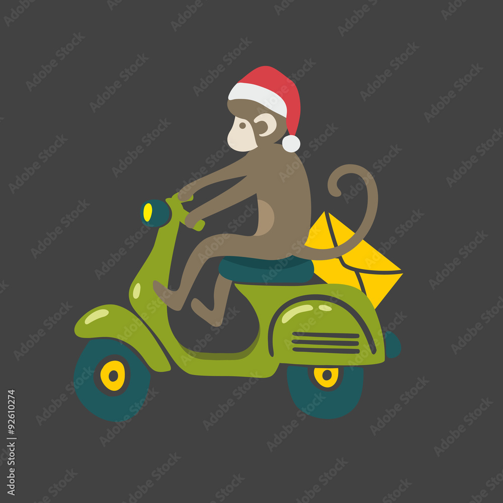 Obraz Monkey in red christmas hat on the vintage scooter.