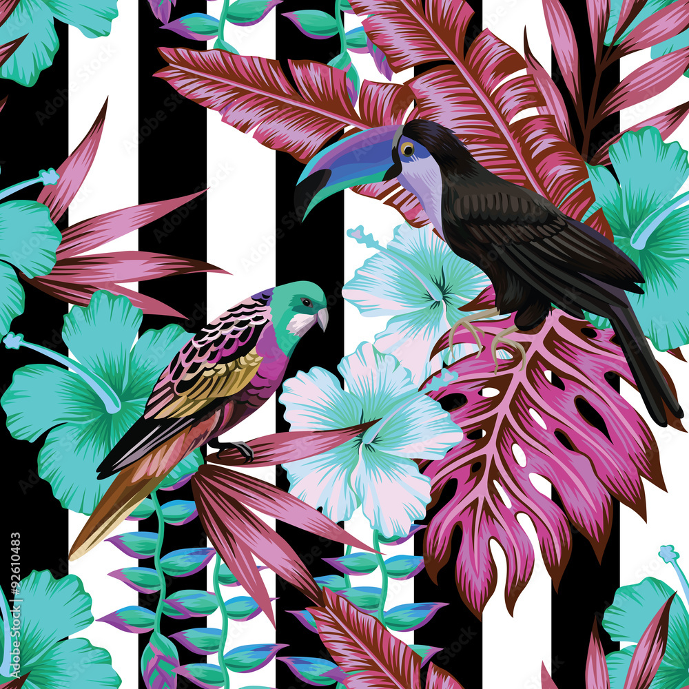 Obraz premium tropical birds and flowers pattern, striped background