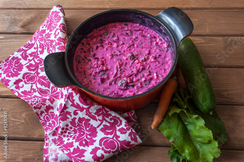 Summer Beets soup on te wooden background