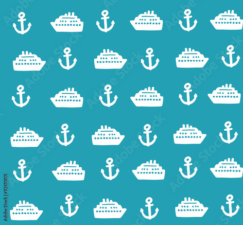 Marine seamless pattern with cute anchors and boats.