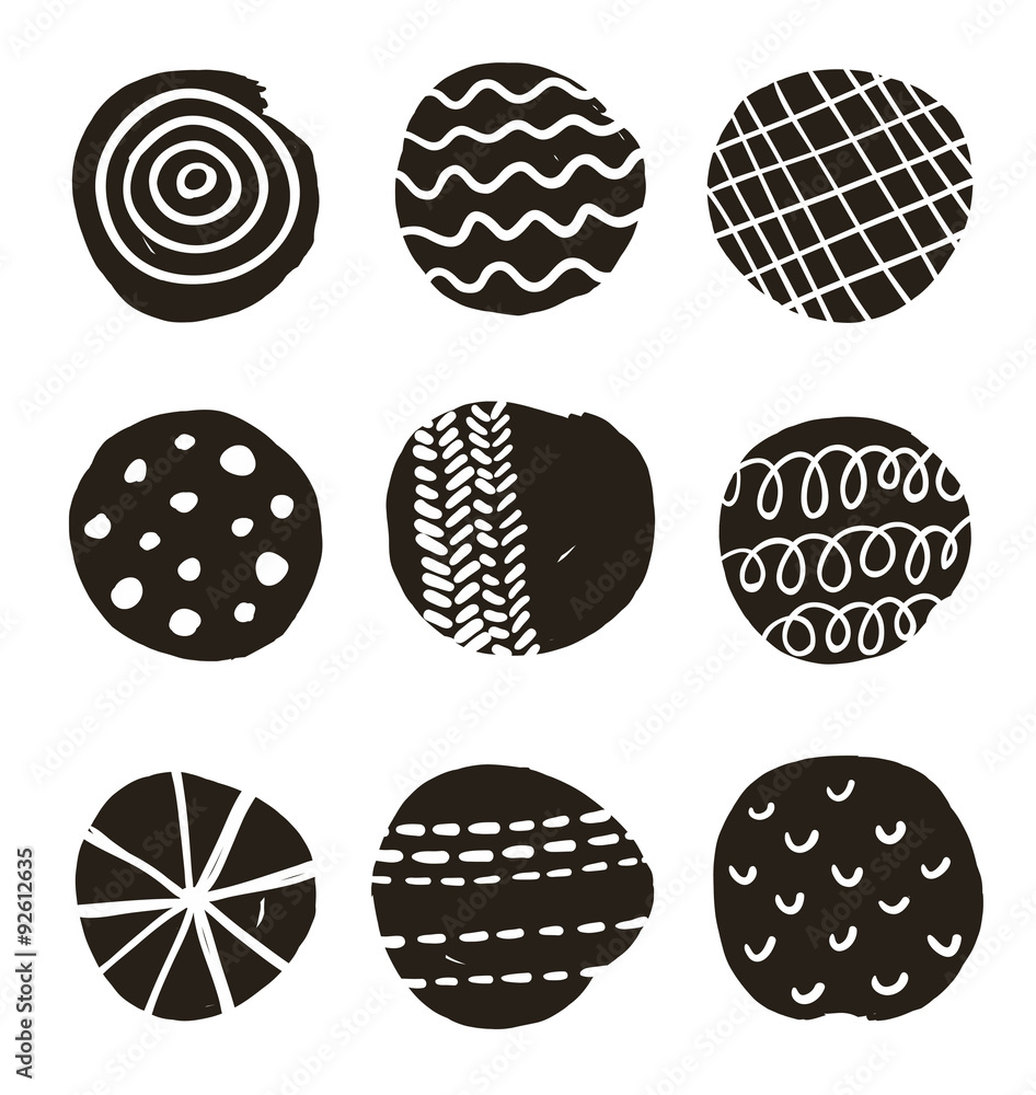Black and white print with decorative circles. Black and white print with decorative circles.