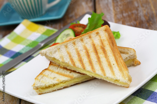 Toasted bread with melted cheese and green side salad on white plate
