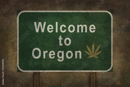 Welcome to Oregon roadside sign illustration (with marijuana lea