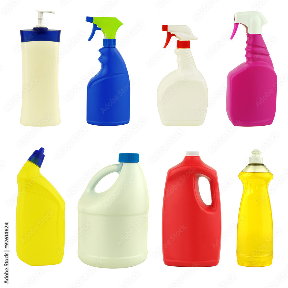 Collection of various household cleaning products isolated on a