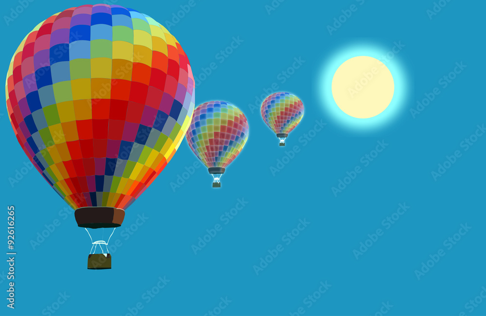 Fototapeta premium Hot air balloons going up to the sun, rise and improvement concept Illustration - colorful hot air balloons against sky background 