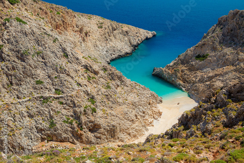 Secret beach on remote island. Rizoskloko (Seitan Limani), Crete, Greece. photo