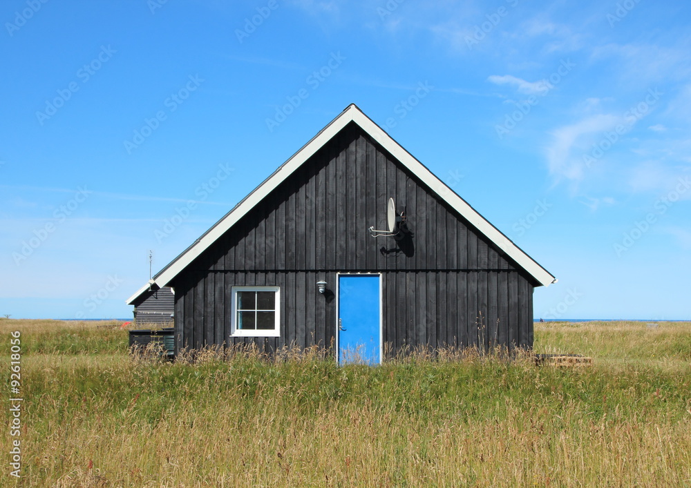 Summer House with Black wooden planks and Blue Door