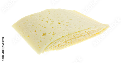 Slices of Havarti cheese on a white background