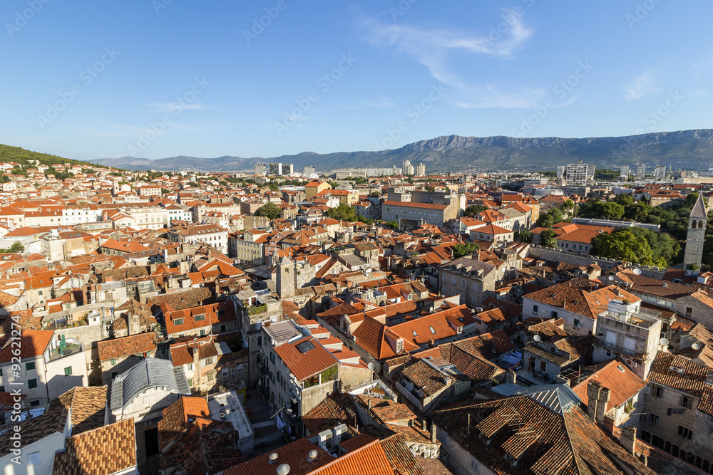 View of Split's historic old town and beyond from above in Croatia.