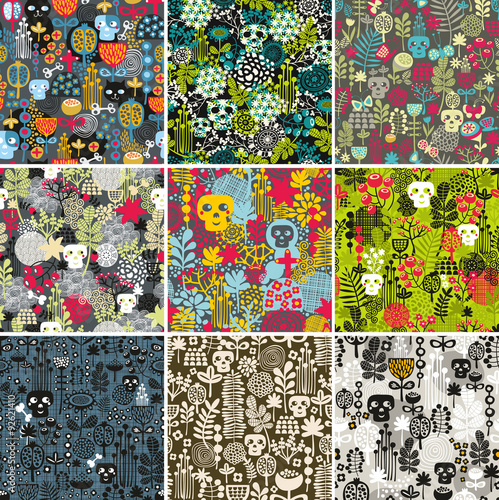 Set of floral seamless patterns with funny skulls.
