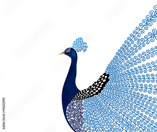 Vector illustration of abstract, stylized, decorative peacock in color, on white background.