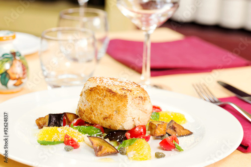 crusted swordfish fillet with grilled vegetables photo