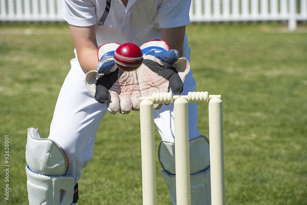 Cricket keeper catches the ball on the field Stock Photo