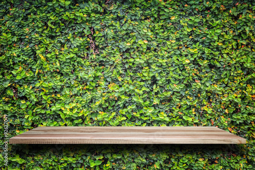 Empty top of wooden shelves and green pattern wall background
