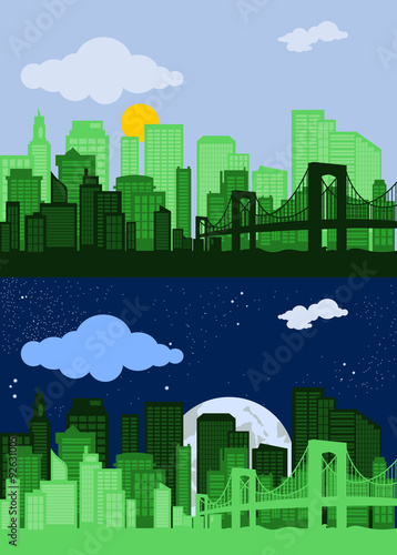Editable Vector Illustration of City Silhouette with Green Color in Day and Night Scene