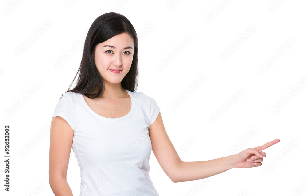 Woman with finger point aside Woman with finger point aside