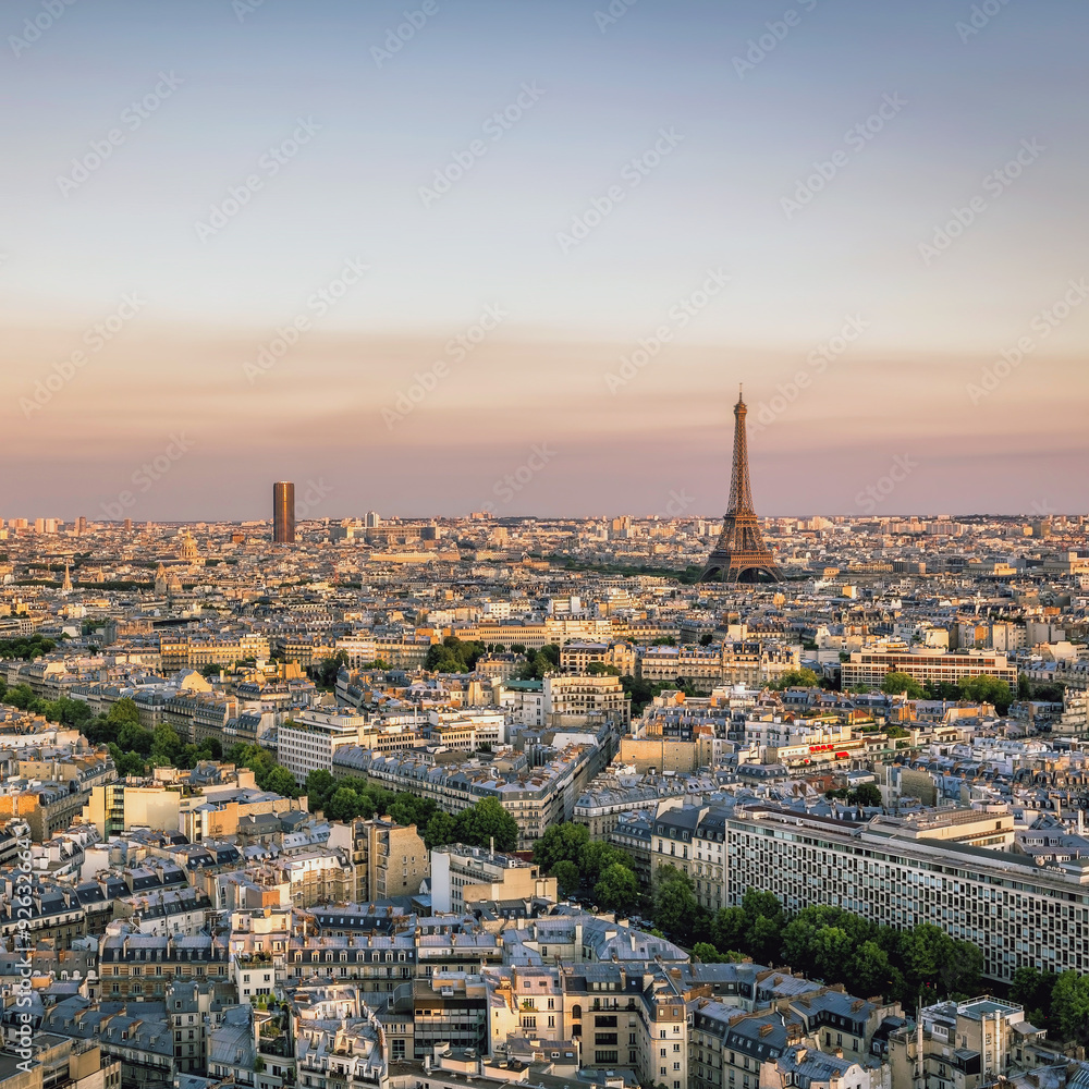 Sunset over Paris with Eiffel Tower, France
