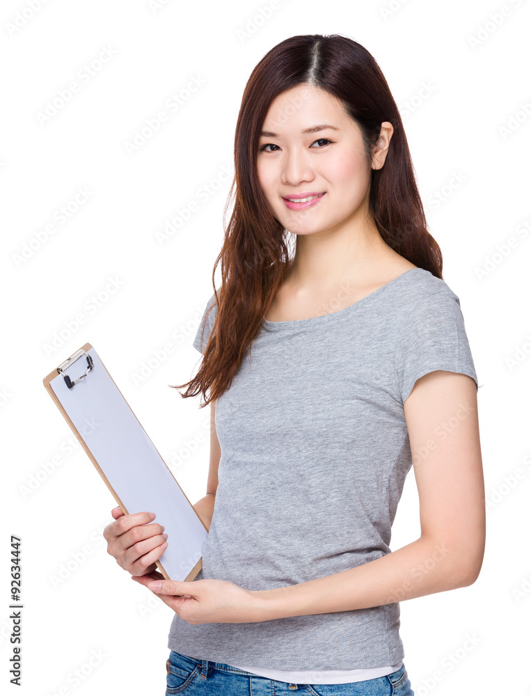 Asian young woman hold with clipboard Asian young woman hold with clipboard