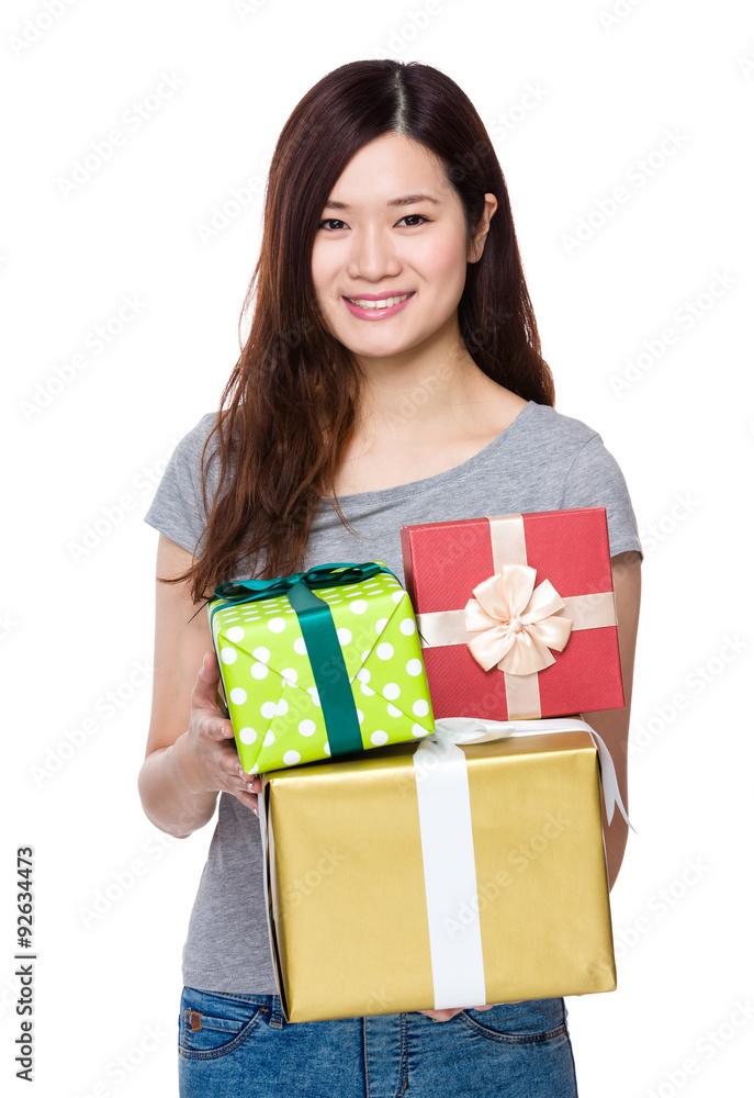 Asian young woman hold with gift box Asian young woman hold with gift box