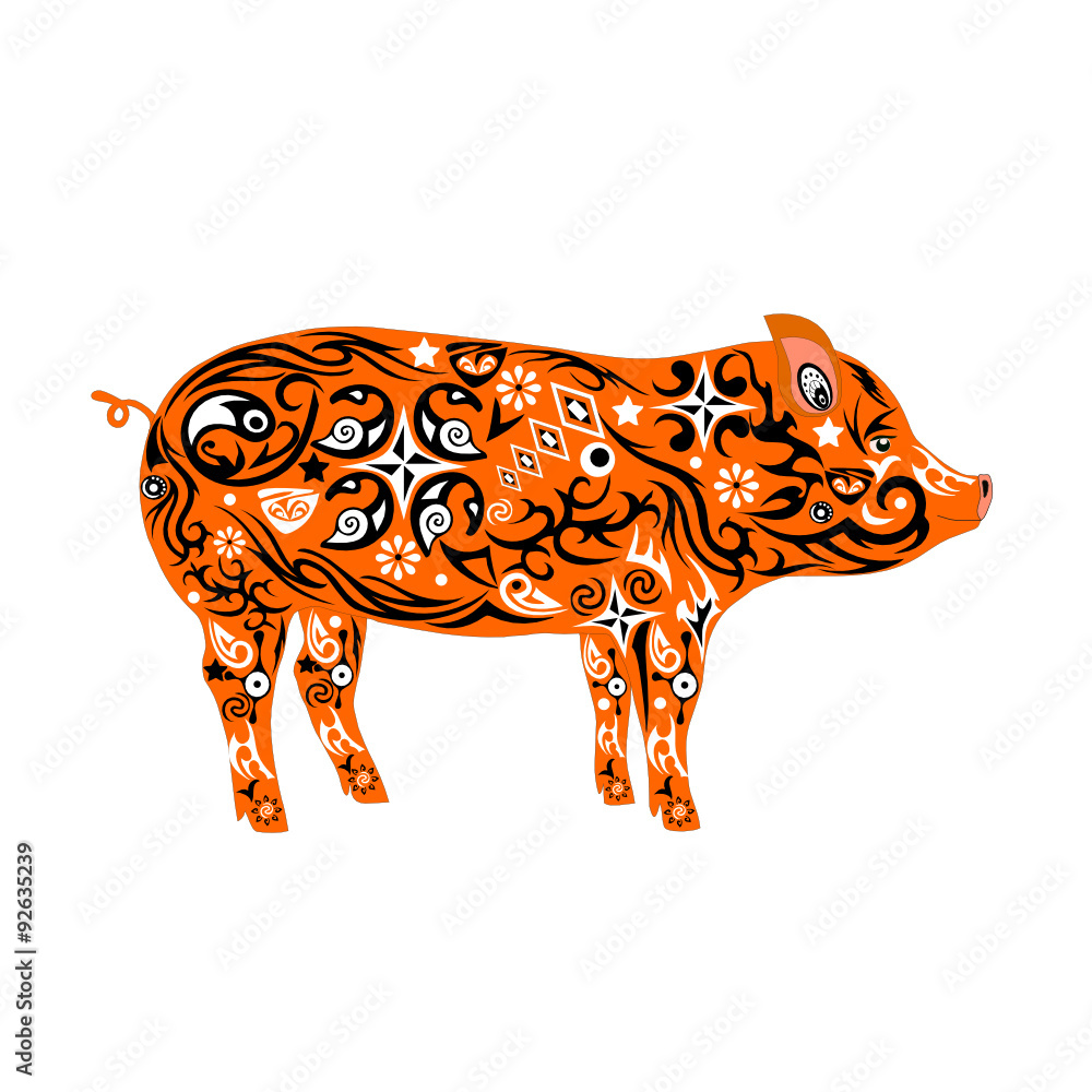 Pig with a pattern, an illustration of a mumps, an animal with drawing on a  body, a mammal a pig, a farmer animal, house cattle Stock Vector | Adobe  Stock