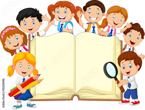 Cartoon school children with book isola