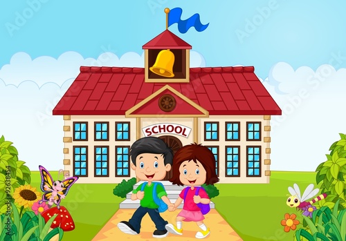 Cartoon little children leaving school