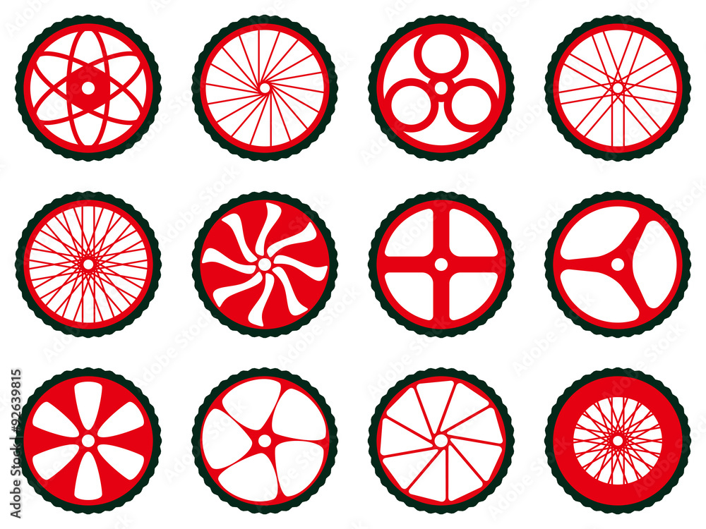 Different kinds of bike wheels. Bike wheels with tires and spokes. Bicycle icons series.