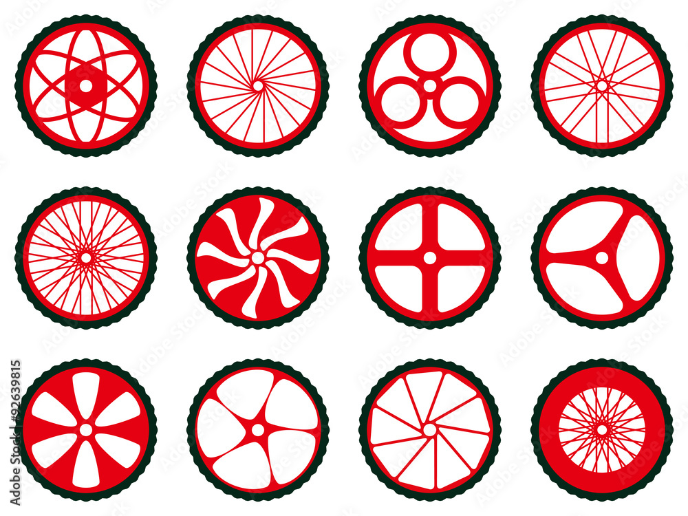 Different kinds of bike wheels. Bike wheels with tires and spokes. Bicycle icons series. Different kinds of bike wheels. Bike wheels with tires and spokes. Bicycle icons series.