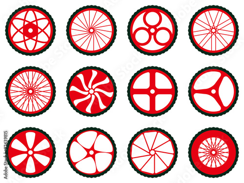 Different kinds of bike wheels. Bike wheels with tires and spokes. Bicycle icons series.