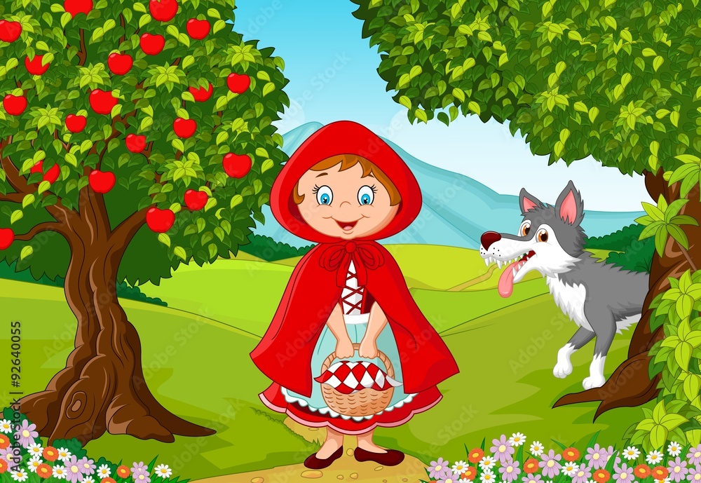 Fototapeta premium Little Red Riding Hood meeting with a wolf
