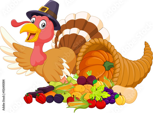 Cartoon turkey with horn of plenty isolated on white background