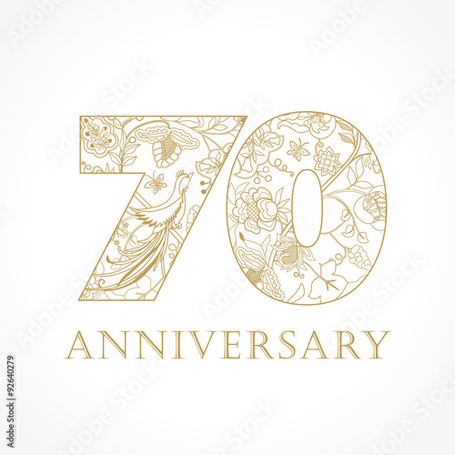 70 anniversary vintage numbers. The template logo 70th birthday in ethnic patterns and the birds of paradise. 