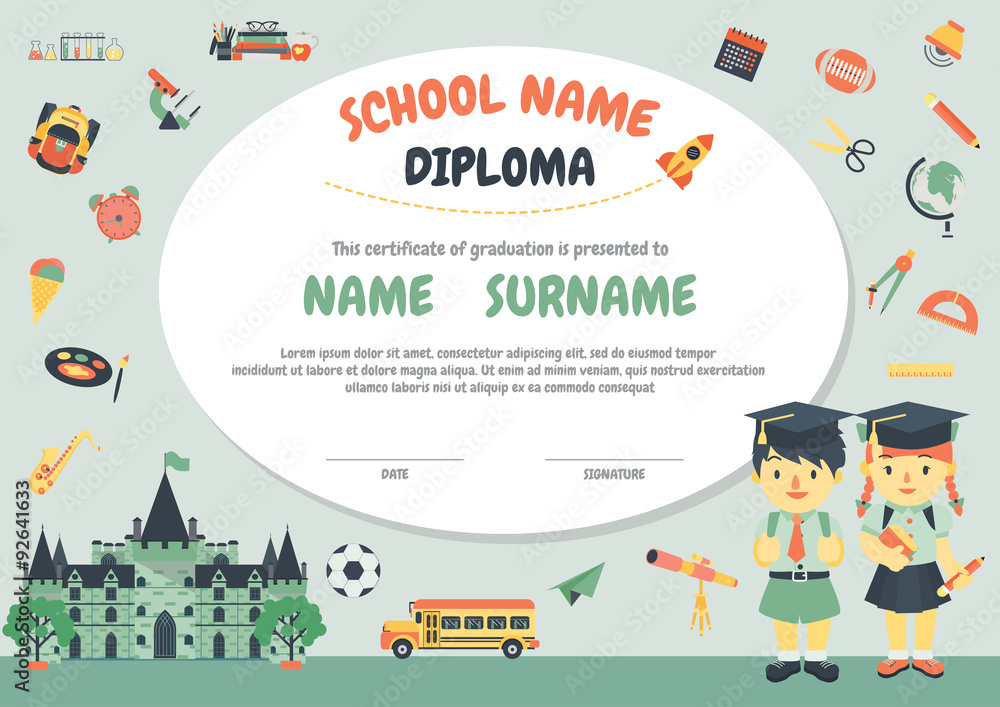 Preschool Elementary school Kids Diploma certificate background design  template Stock Vector | Adobe Stock