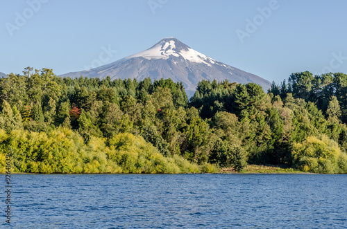 View of volcano Villarica from lake in Pucon